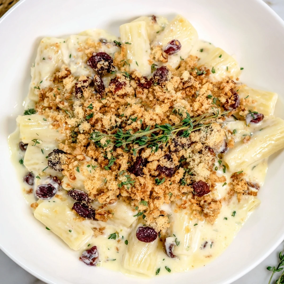 Creamy Cranberry and Brie Tartlet Pasta with melted cheese and fresh thyme for a delicious dinner.