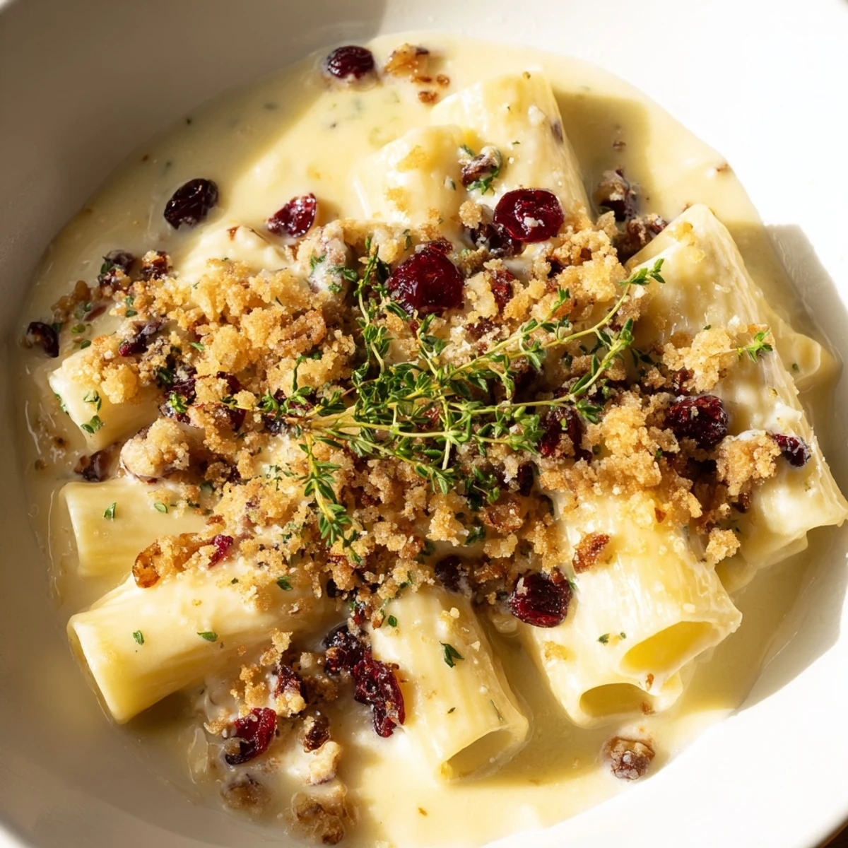 A close-up of served Cranberry and Brie Tartlet Pasta, showcasing textures and holiday flavors.