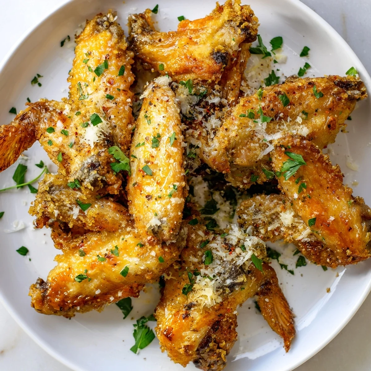 Close-up of air fryer garlic-Parmesan chicken wings with fresh parsley and Parmesan cheese garnish.
