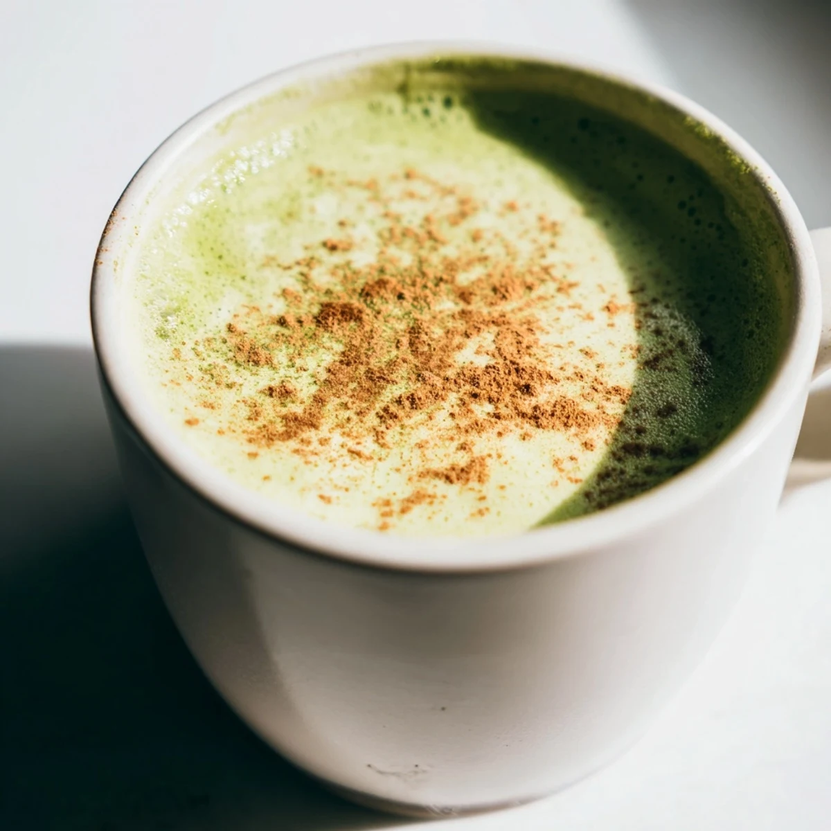 Frothy Cinnamon Maple Oat Milk Matcha Latte, a vibrant green beverage garnished with cinnamon.