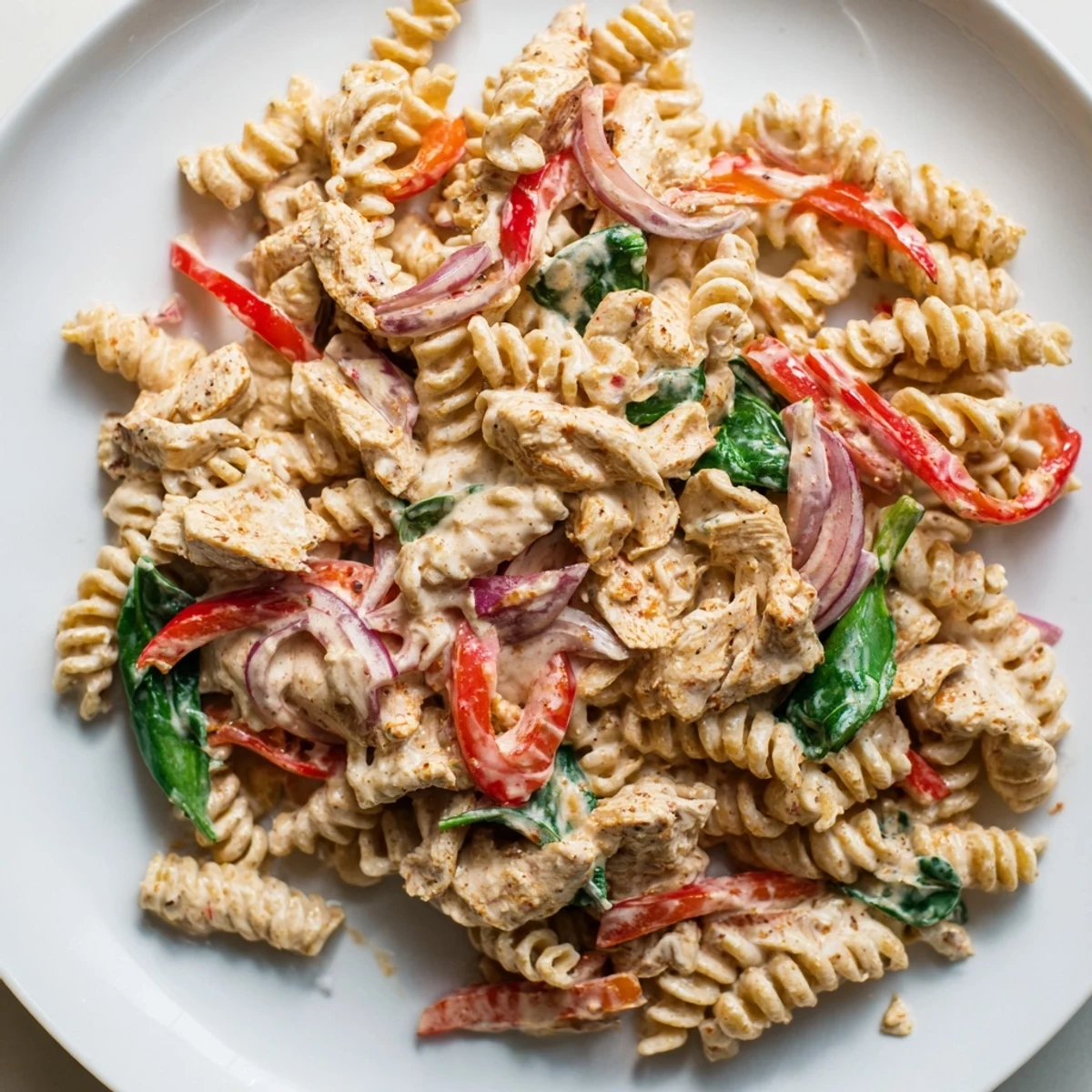 A close-up view of creamy, vibrant Creamy Cajun Dirty Snow Chicken Pasta, ready for a delicious dinner.