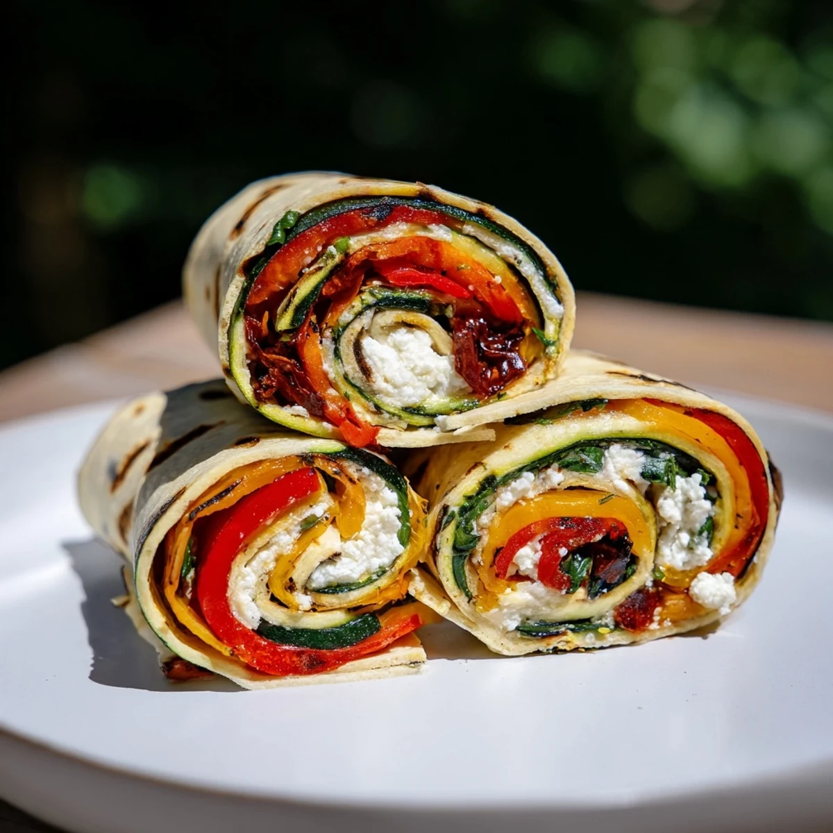 See the attractive spiral of a delicious Roasted Veggie & Feta Santa Wrap, perfect for entertaining.