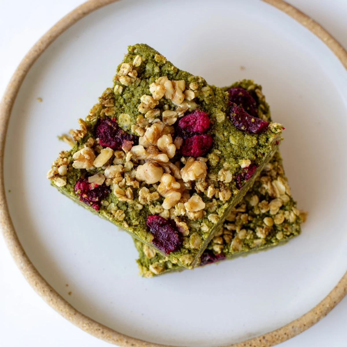 A hearty close-up of Matcha Cranberry Oat Crumble Breakfast Bars, showing a golden oat topping.