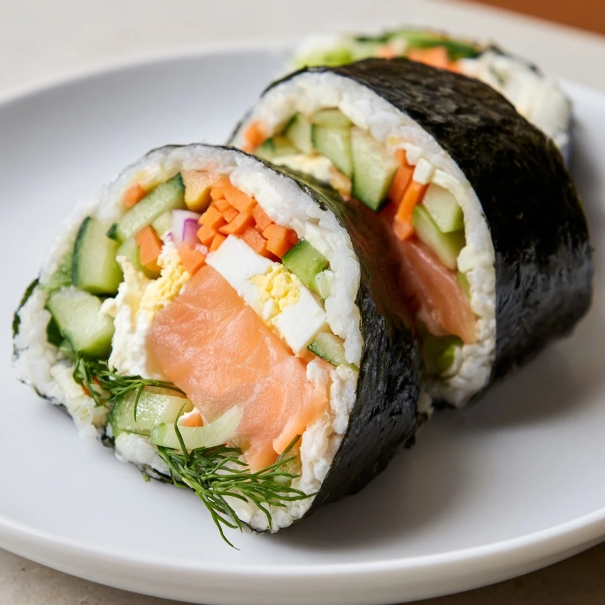 Close-up photo of the High-Protein Sushi Wrap Smoked Salmon Holiday Roll, beautifully arranged with fresh dill.