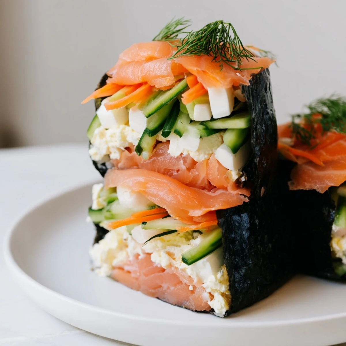 Bright and colorful High-Protein Sushi Wrap Smoked Salmon Holiday Roll showcasing the smoked salmon and crisp vegetables.