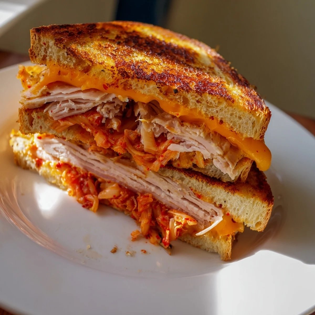 Melted cheddar cheese and kimchi visible in a perfectly made Kimchi Turkey & Cheddar Toasted Grilled Cheese.