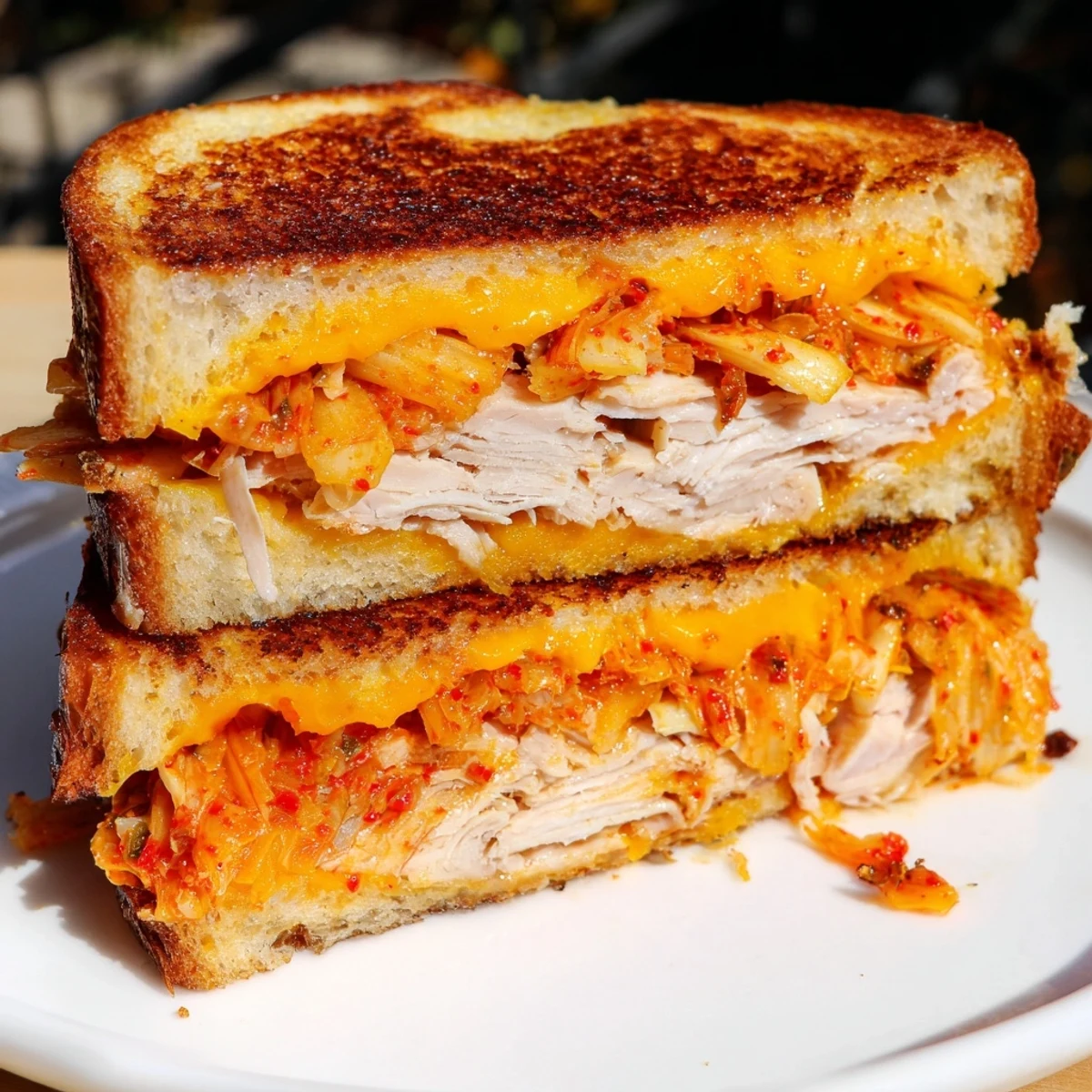 Savory Kimchi Turkey & Cheddar Toasted Grilled Cheese, a delicious sandwich served warm after grilling.