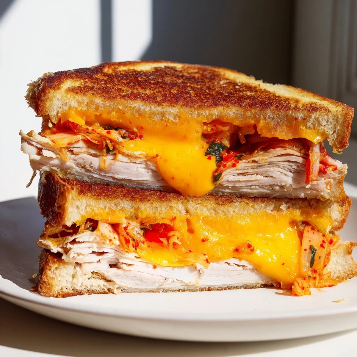 Golden, melty Kimchi Turkey & Cheddar Toasted Grilled Cheese, with visible toasted bread and cheesy layers.