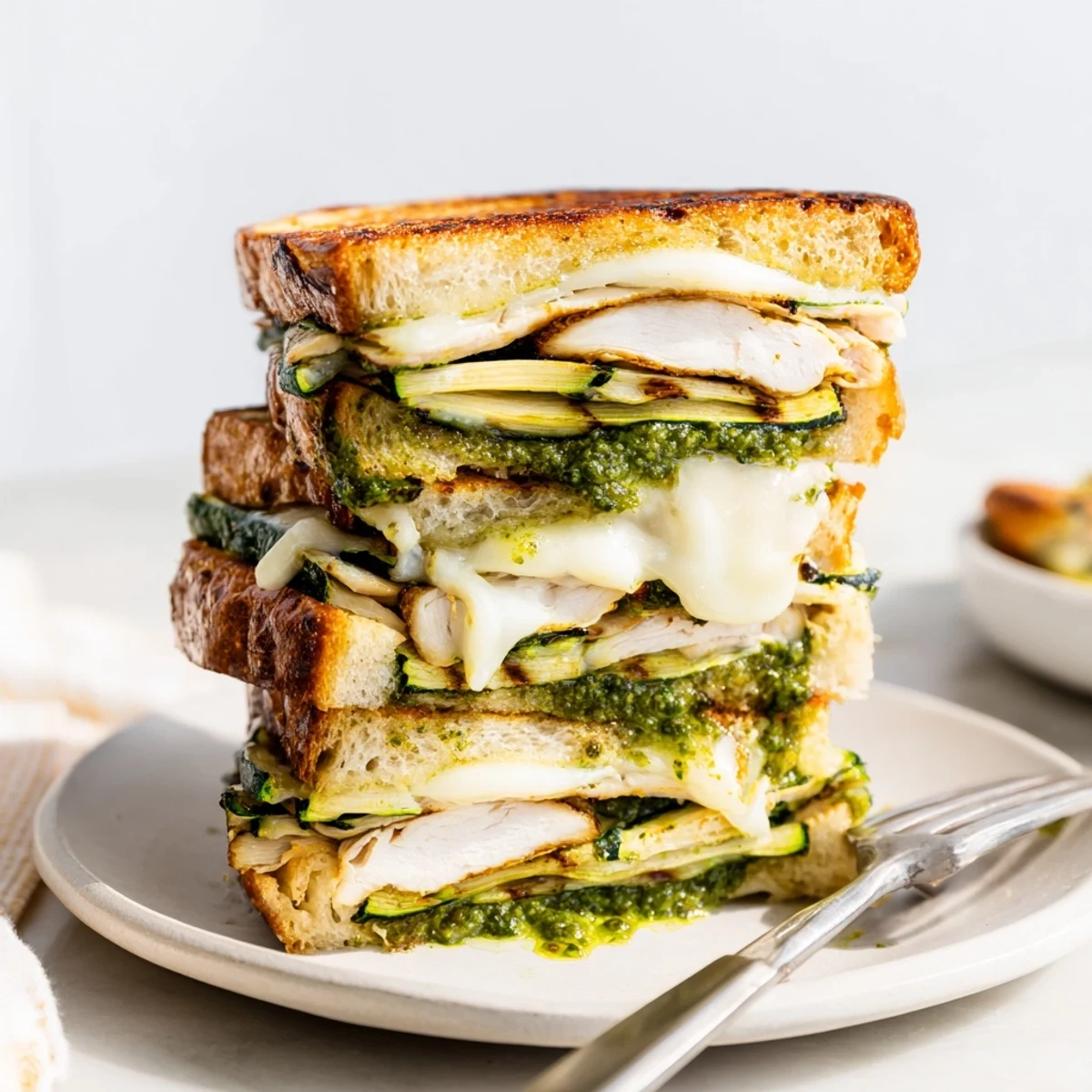 Golden-brown Pesto Turkey Zucchini Grilled Cheese Stack, oozing with melted provolone and flavorful pesto.