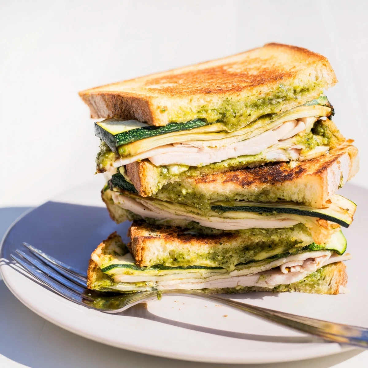 A close-up of a stacked Pesto Turkey Zucchini Grilled Cheese with toasted sourdough and roasted zucchini visible.