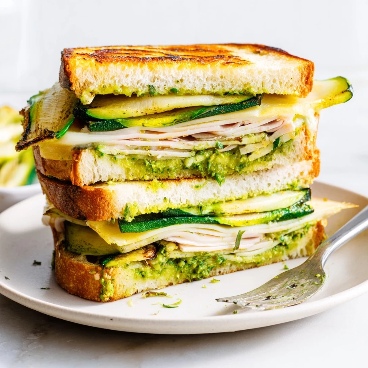 Savor the delicious layers of this Pesto Turkey Zucchini Grilled Cheese as its components come alive.