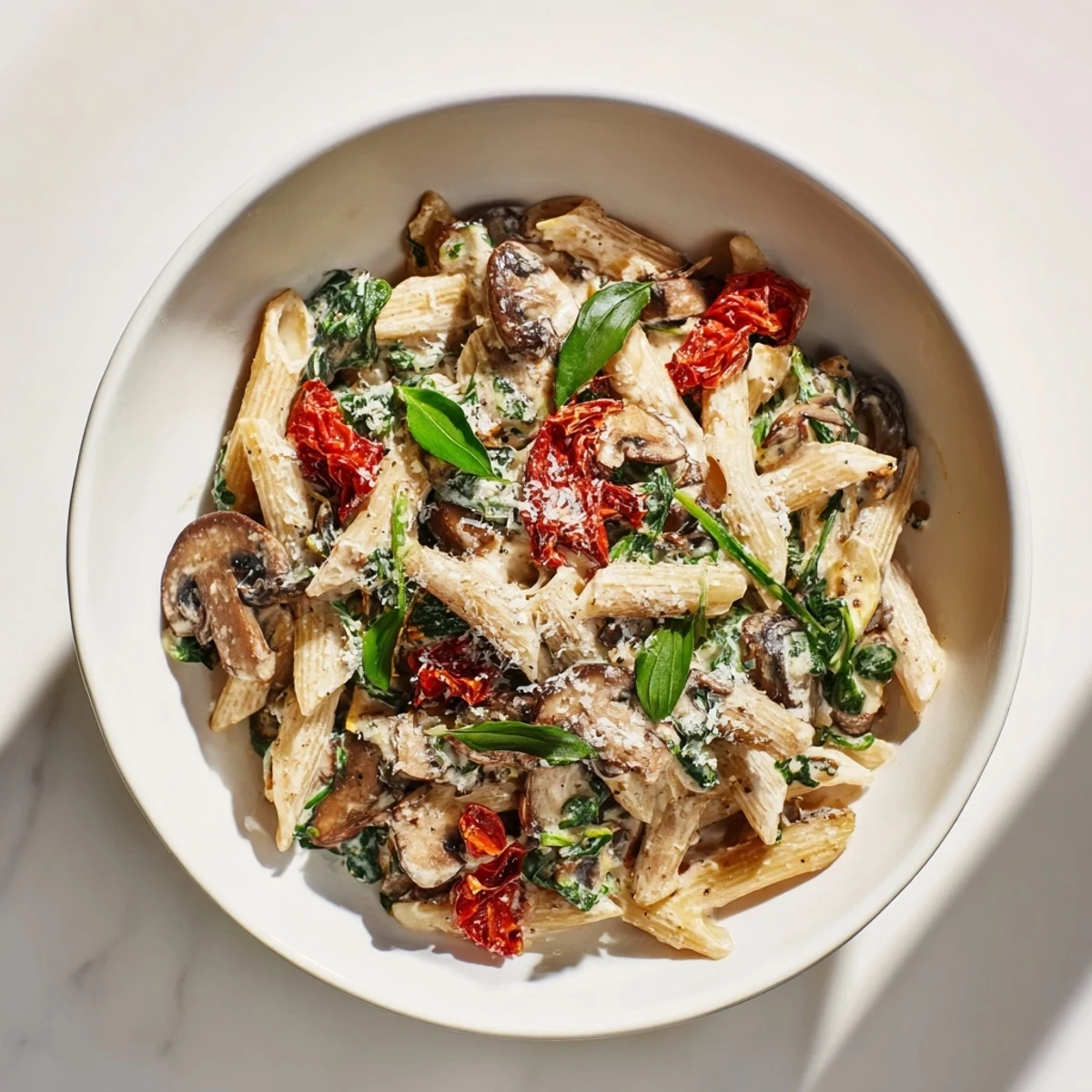 This Creamy Sun-Dried Tomato Mushroom Penne Skillet shows off perfectly cooked penne with creamy sauce and herbs.