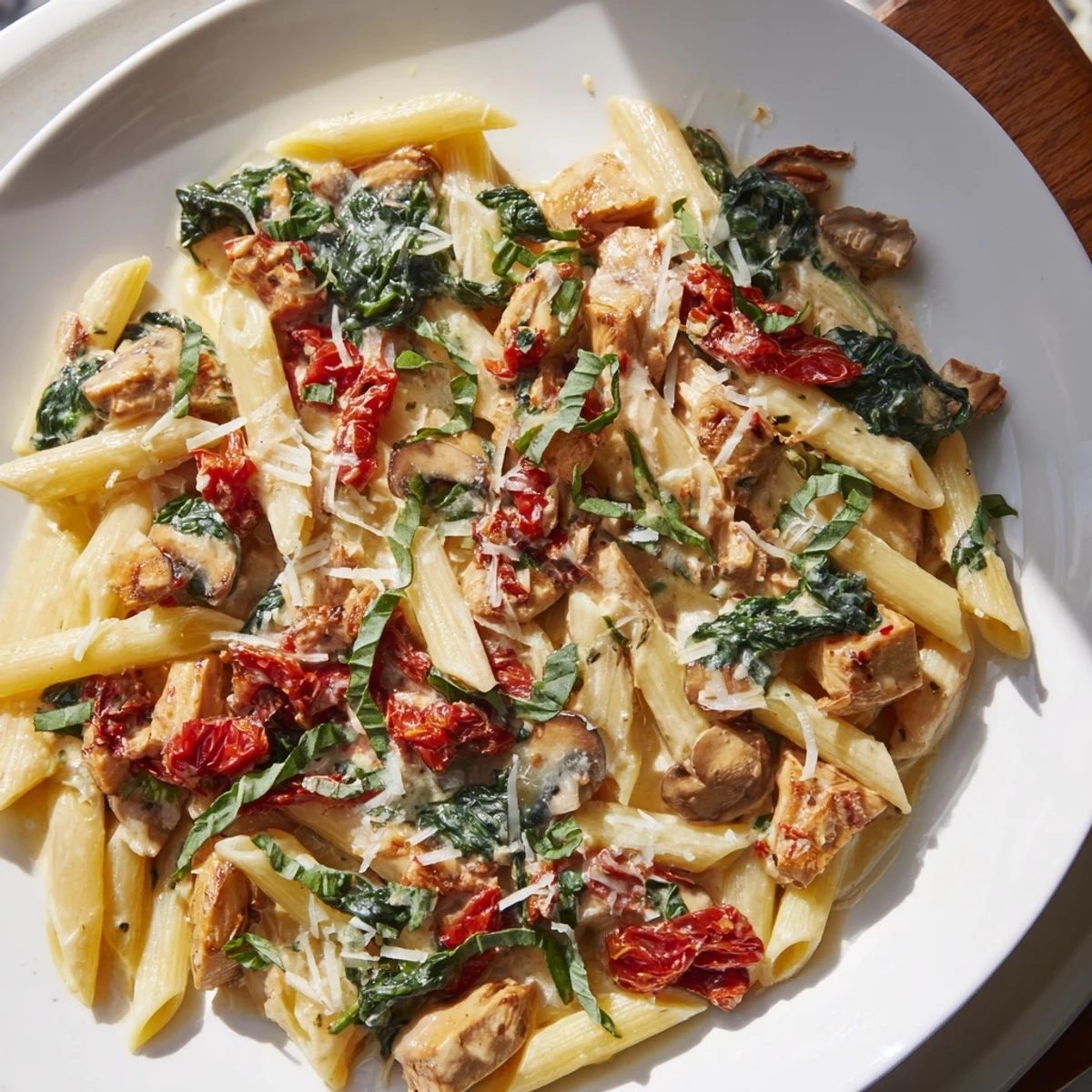Creamy Sun-Dried Tomato Mushroom Penne Skillet: a vibrant and saucy pasta dish, perfect for a cozy dinner.