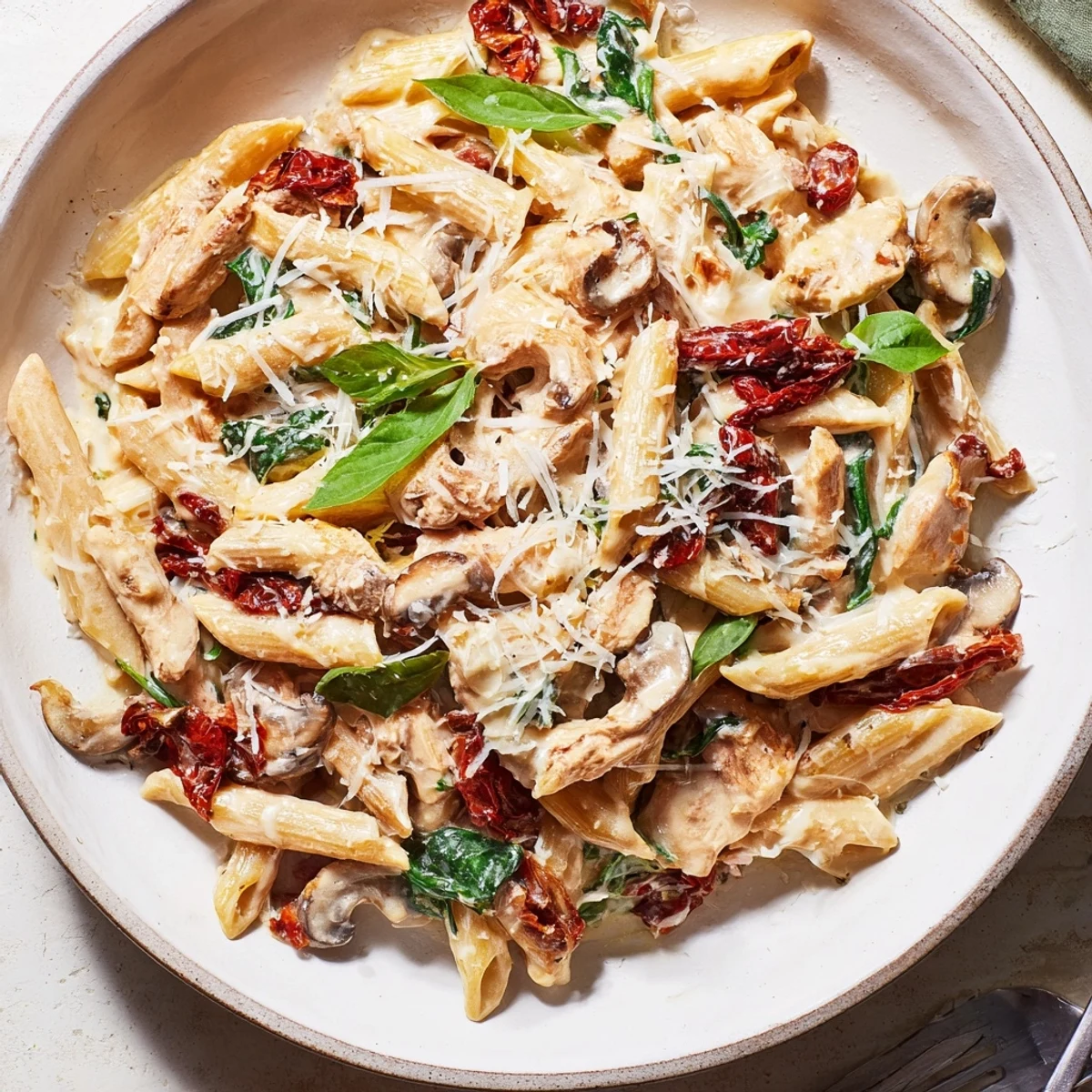 Enjoy the delicious appearance of this Creamy Sun-Dried Tomato Mushroom Penne Skillet, garnished with fresh basil.