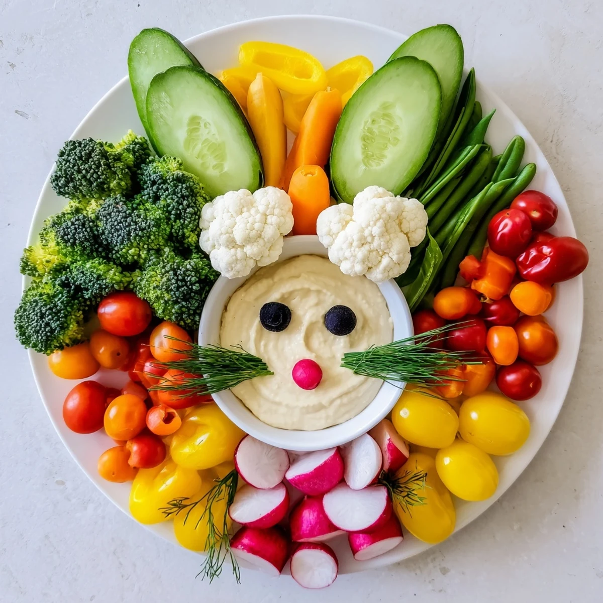 This Bunny Meadow Veggie Board features a playful veggie arrangement, ready for Easter or any party snacking.