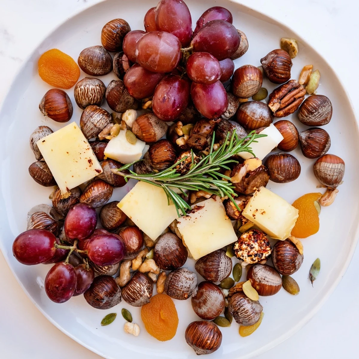 A vibrant Squirrels Acorn Hoard Platter, featuring golden roasted acorns, fresh fruits, and savory cheeses.