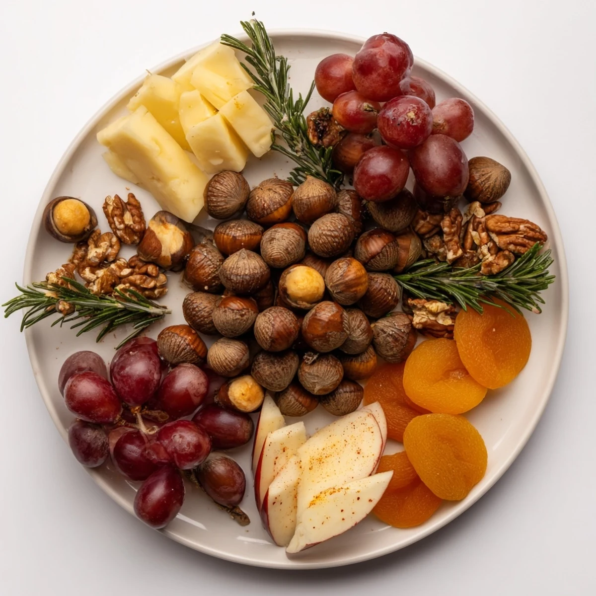 This appetizing Squirrels Acorn Hoard Platter showcases a medley of textures: acorns, nuts, and ripe fruits.