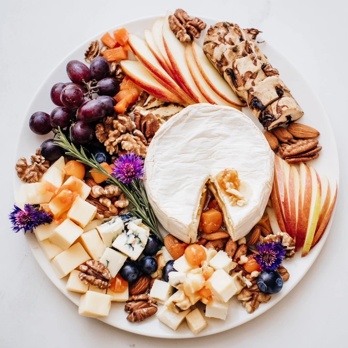A beautiful Woodland Creature Cheese Platter displays various cheeses, fruits, and nuts for serving guests.
