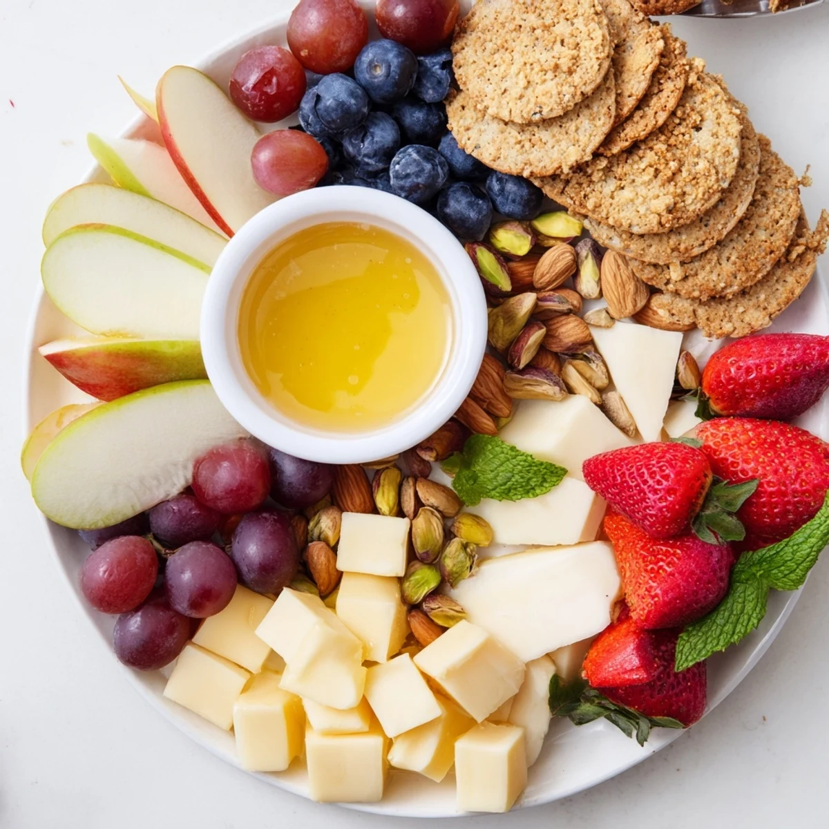 Bears Honey Pot Board with vibrant fruits, cheeses, and honey, perfect for a gathering.