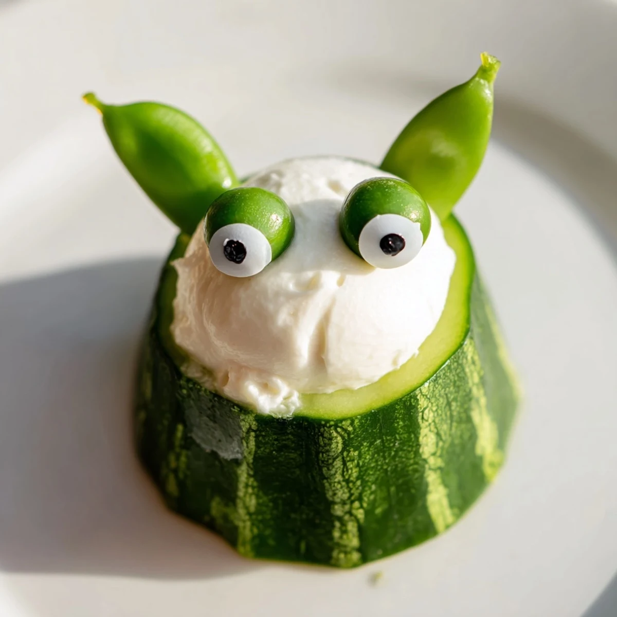 Vibrant Frog Pond Snack Tray: Cucumber lily pads holding cheesy frog faces with candy eyes.