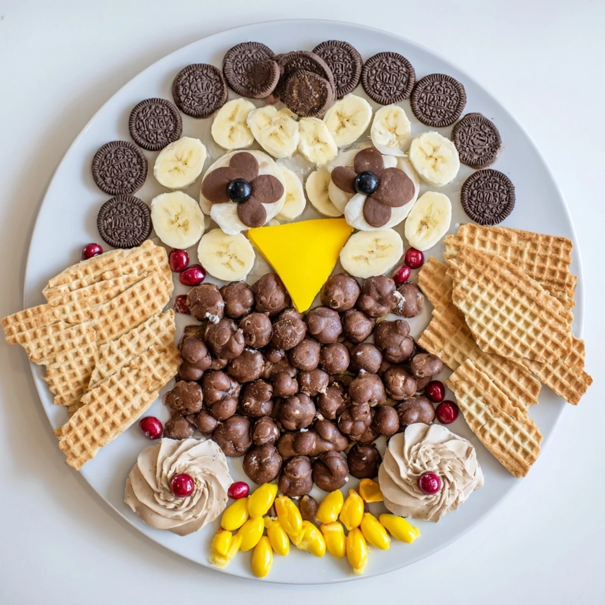 A gorgeous Owl Hooting Dessert Board with chocolate, cookies, and inviting blueberry accents.