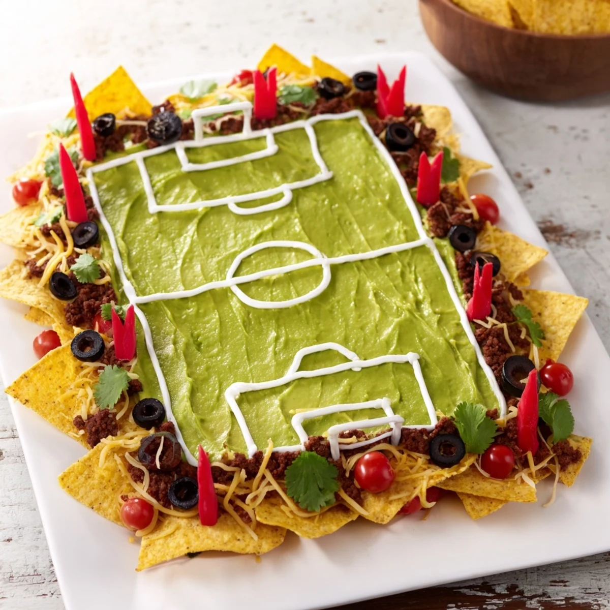 A delicious and vibrantly colorful Soccer Field Nacho Platter topped with melted cheese and fresh salsa.