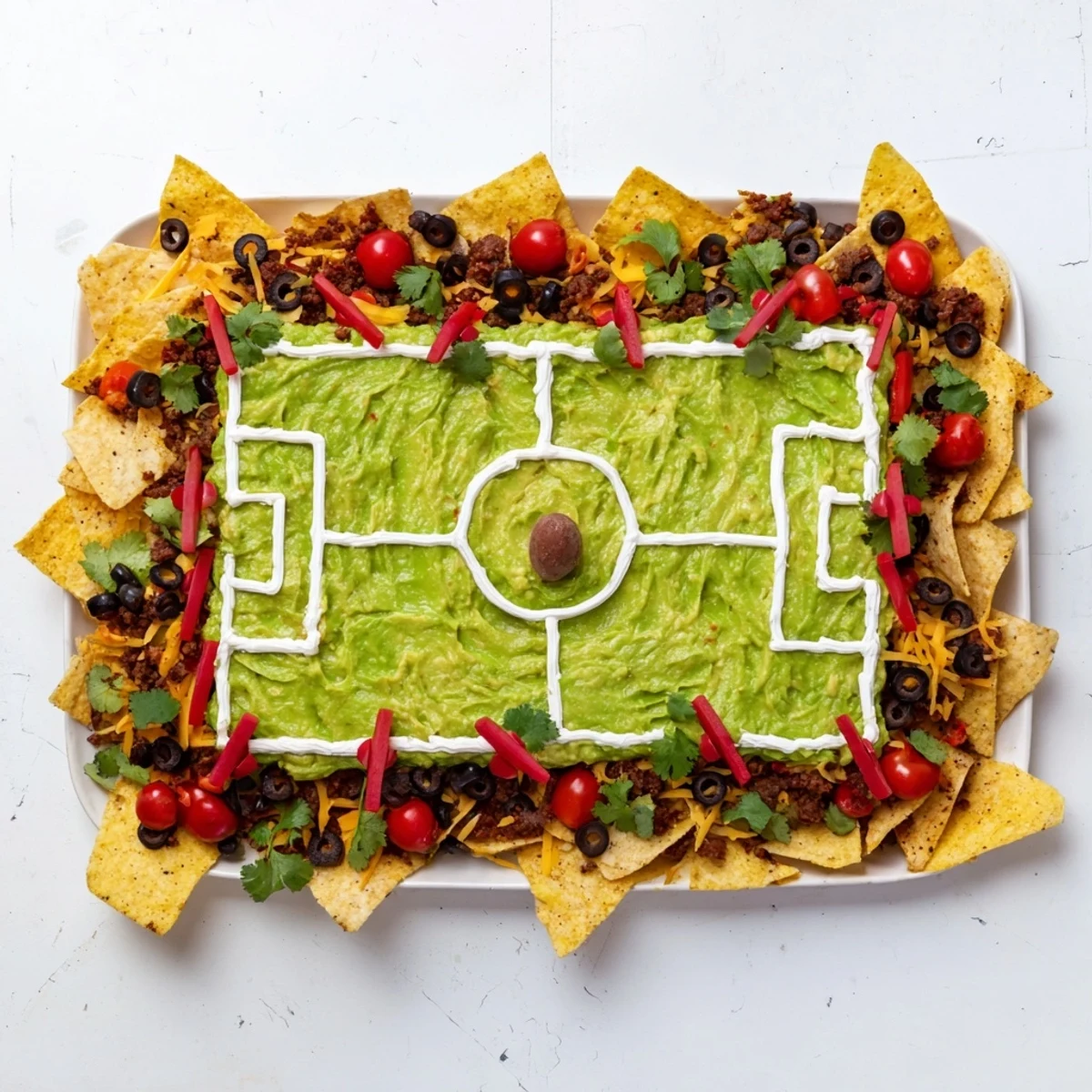 Warm, cheesy Soccer Field Nacho Platter boasts a hearty Tex-Mex flavor profile with seasoned beef and beans.