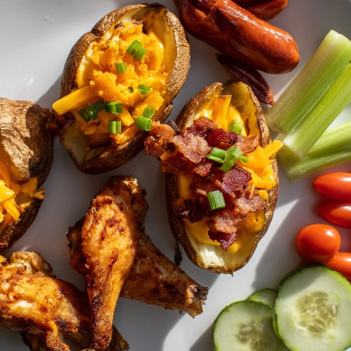 A loaded Touchdown Football Tailgate Spread with crispy chicken wings, potato skins, and veggie sticks.