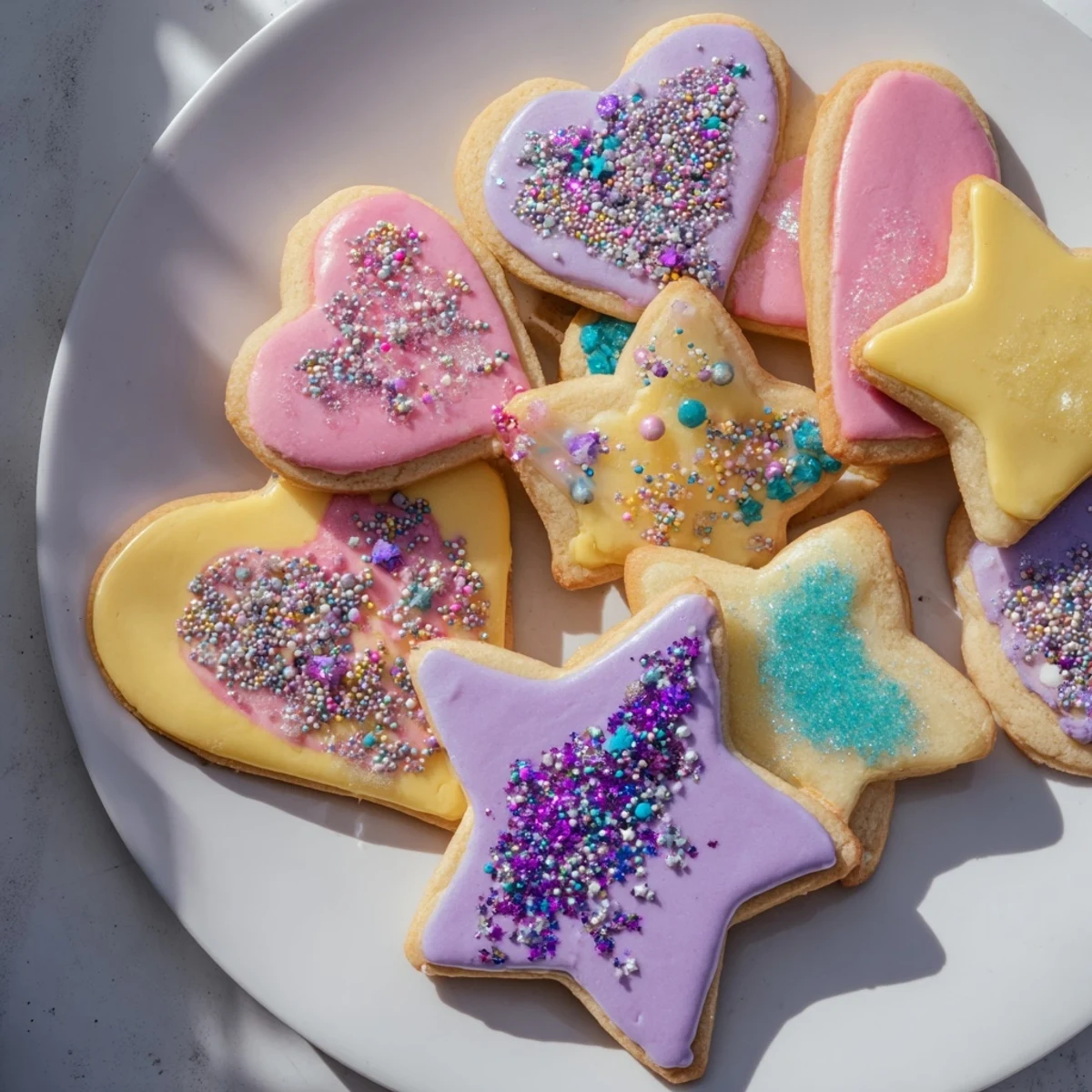 Golden star and heart Princess Palace Treats sugar cookies, iced with colorful frosting and edible glitter!