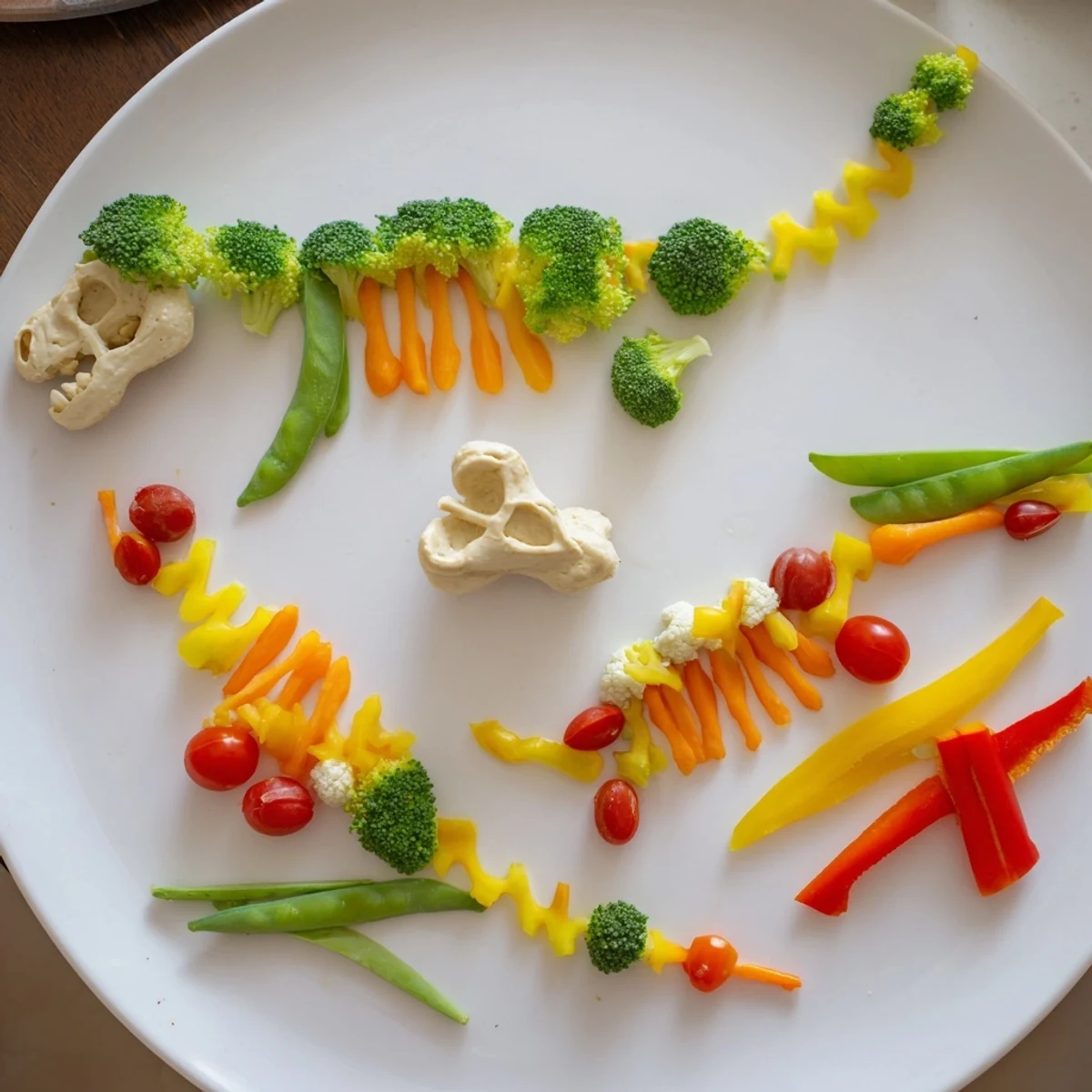 Fresh, healthy Dino-Mite Dinosaur Fossil Crudités appetizer artfully arranged, perfect for a kids' party lunch.