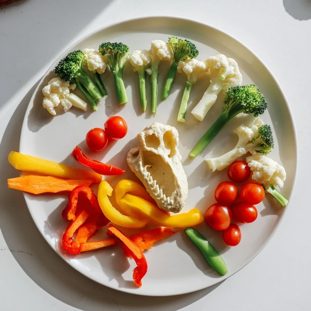 Vibrant Dino-Mite Dinosaur Fossil Crudités platter with colorful carrot bones and veggie "fossils" ready to enjoy.