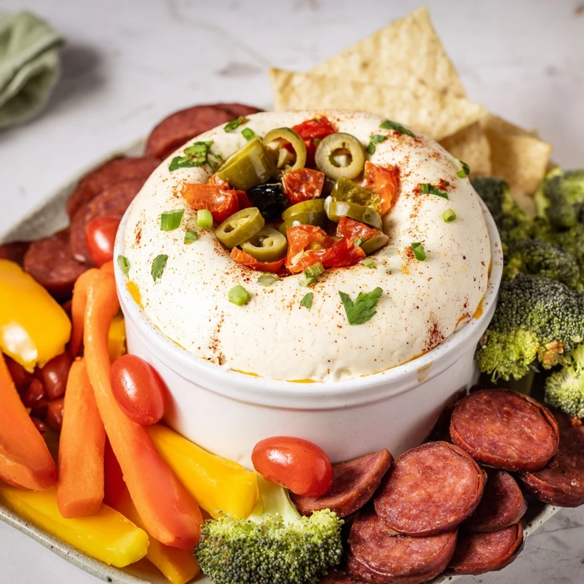 Molten lava flow volcano dip bubbling in a ceramic bowl, surrounded by fresh vegetables for dipping.