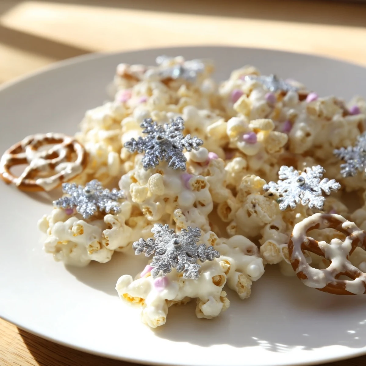 A close-up of delicious Ski Season Snowflake Snack Mix, coated with melted white chocolate and sprinkles.