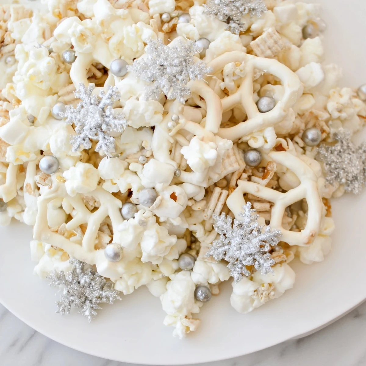 Sweet and salty appeal of Ski Season Snowflake Snack Mix, ready for serving during a cozy winter afternoon.