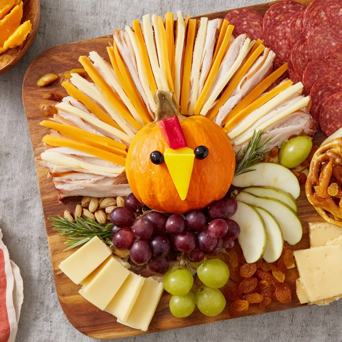 Vibrant Wheat Field Thanksgiving Turkey Board overflowing with artisanal cheeses, cured meats, and fruits.