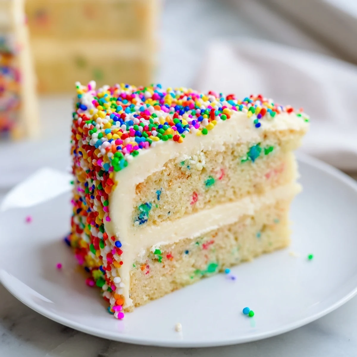 A slice of Happy Birthday Cake, a vanilla masterpiece frosted with creamy buttercream and cheerful sprinkles.
