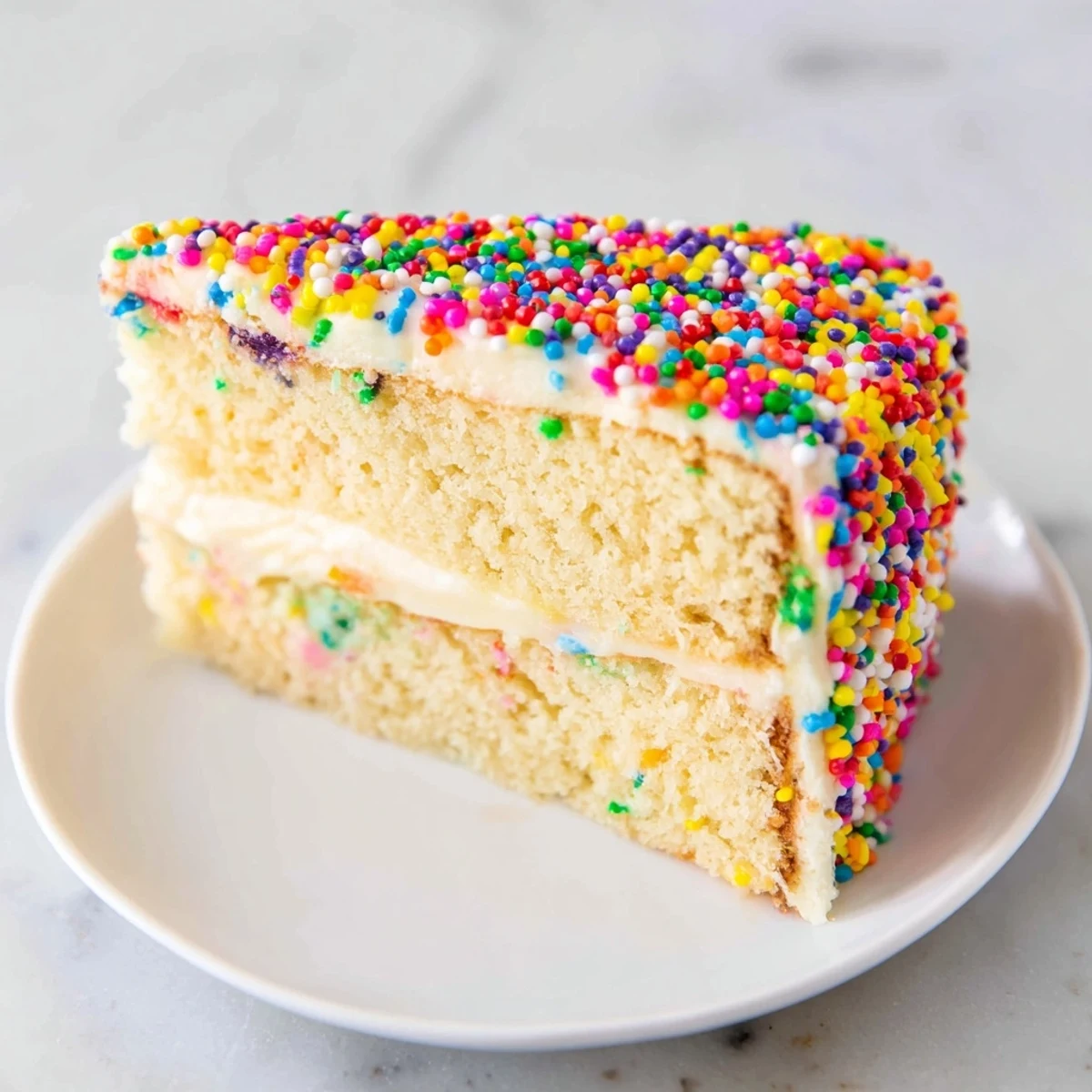 Enjoy a colorful slice of Happy Birthday Cake, a delectable celebration dessert anyone can enjoy.