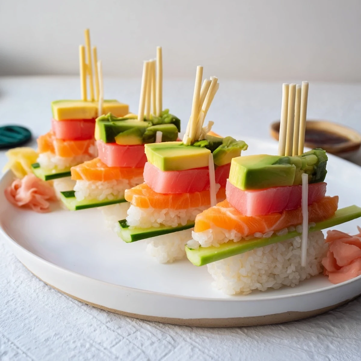 Sushi sailboats at sea: a vibrant photo featuring assembled sushi boats on a platter, ready to serve.