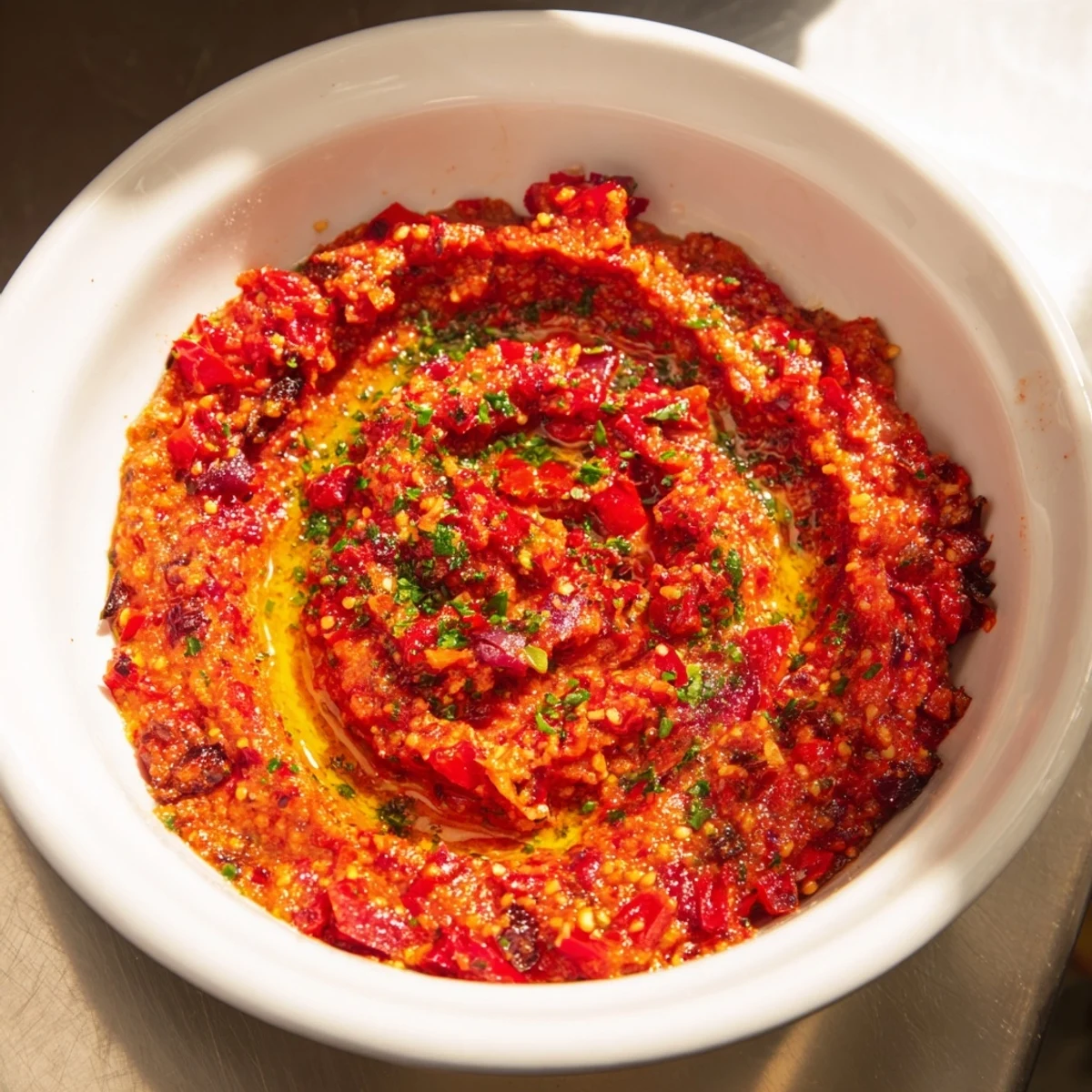 A vibrant bowl of Volcanic Lava Spicy Dip with a swirl, ready for dipping and sharing.