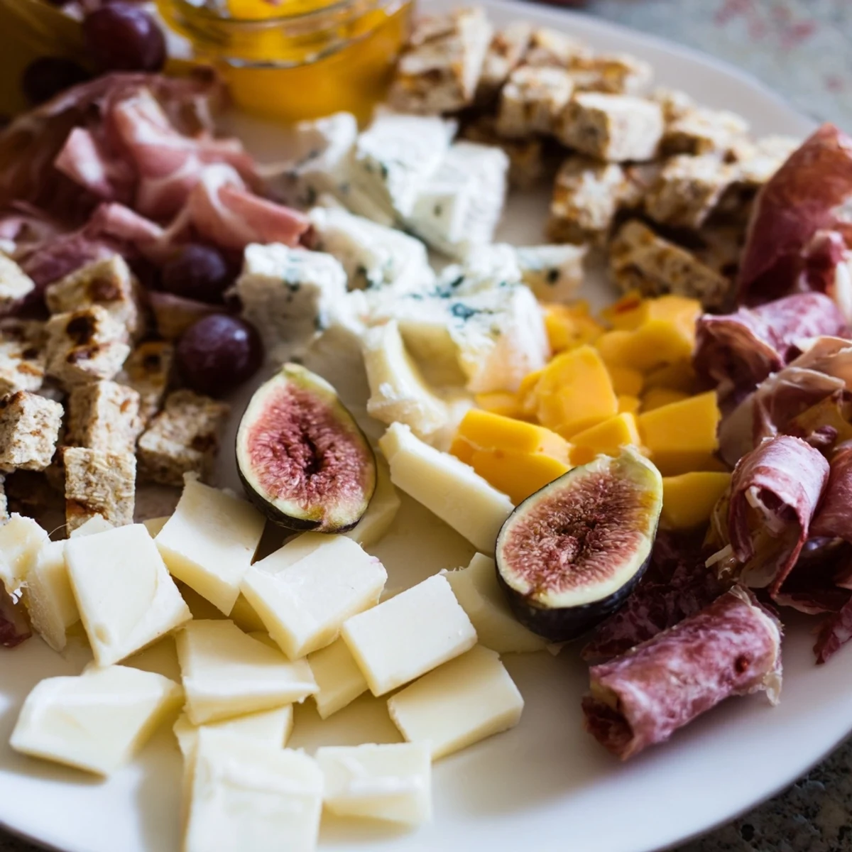 Wine & Food Pairing Platter delights with a vibrant display of fresh fruits, artisan cheeses and wine recommendations.