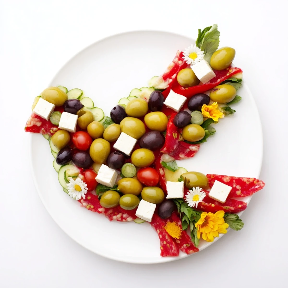 A vibrant Colombe de la Paix Olive Platter, arranged beautifully with olives, cheeses, and colorful garnishes.
