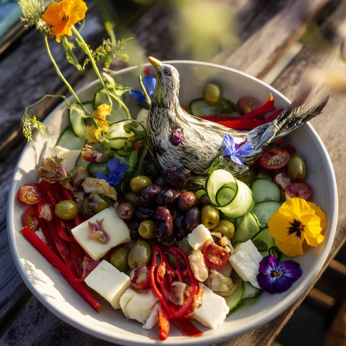 This appetizing Colombe de la Paix Olive Platter showcases olives, cheeses, and fresh vegetables for a Mediterranean treat.