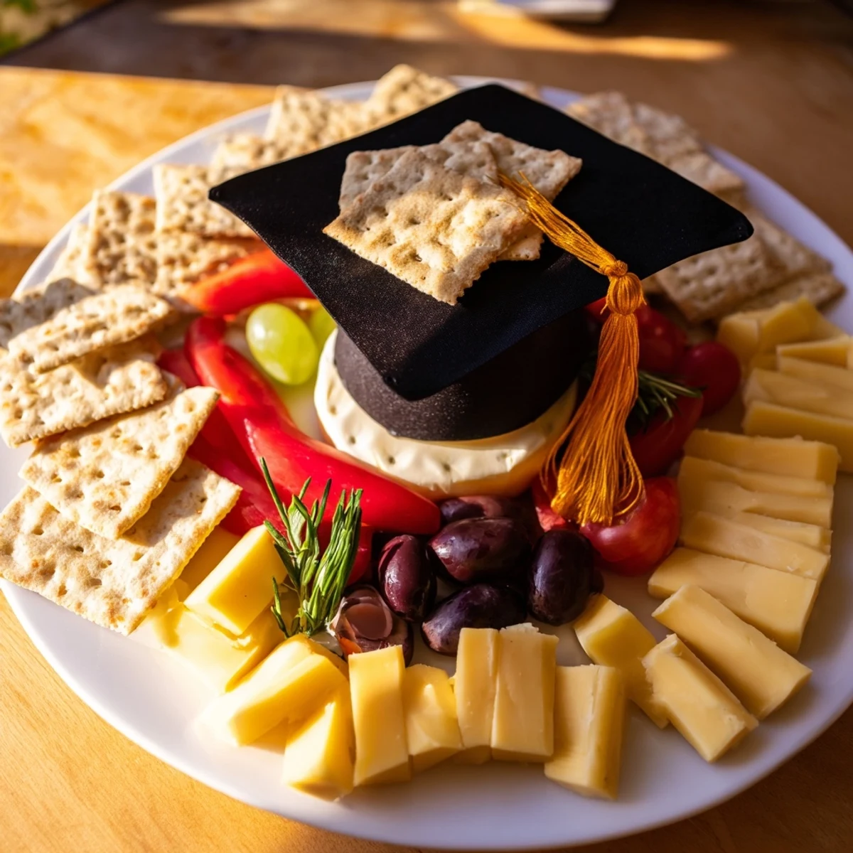 Savory Graduation Cap Platter, a visually exciting party appetizer brimming with fresh, tasty ingredients.
