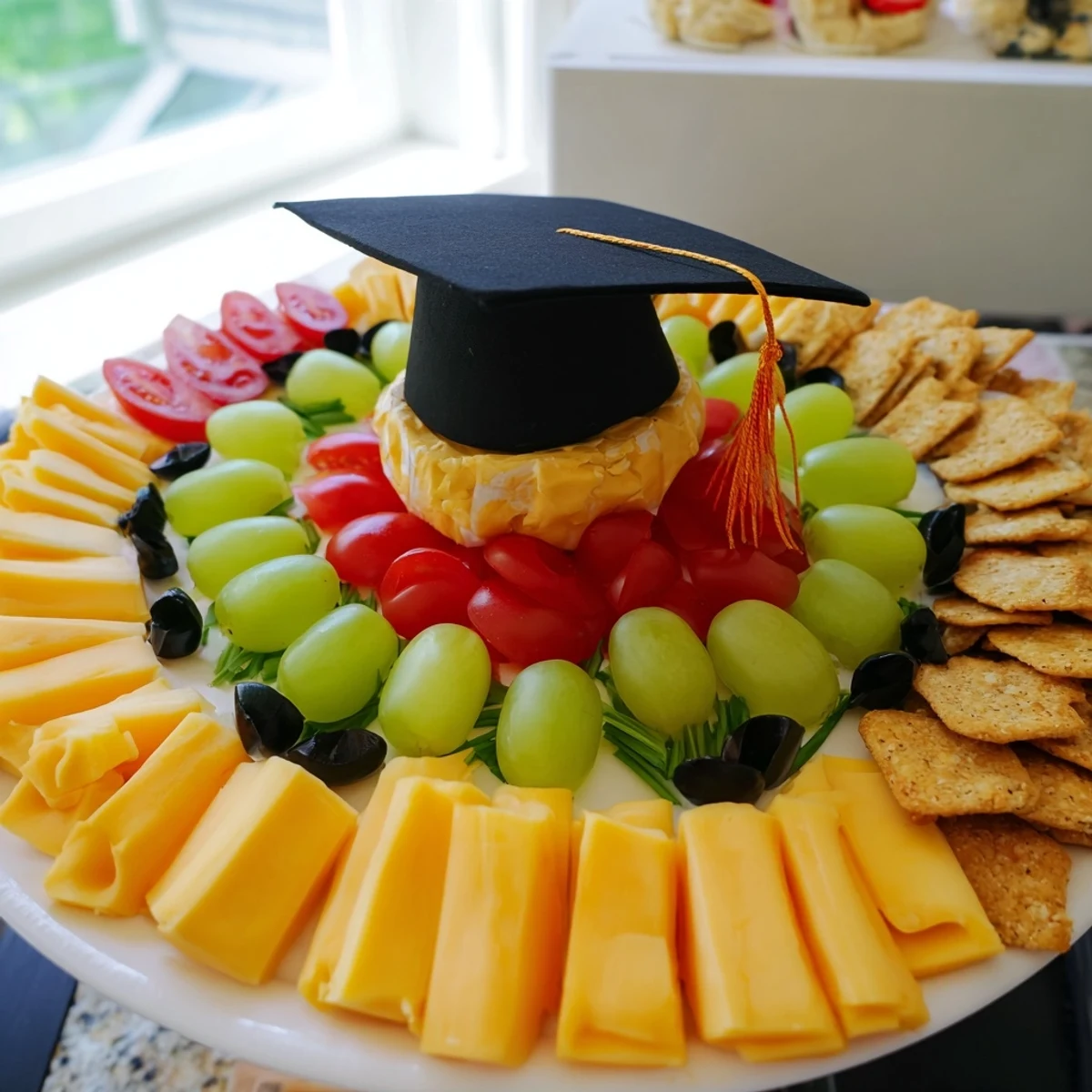 Graduation Cap Platter features a square cracker "mortarboard" with colorful, fresh veggie garnishes.