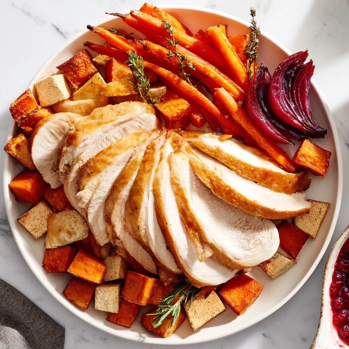 Sliced Harvest Turkey Platter with colorful roasted vegetables and sweet cranberry-orange sauce, delicious!