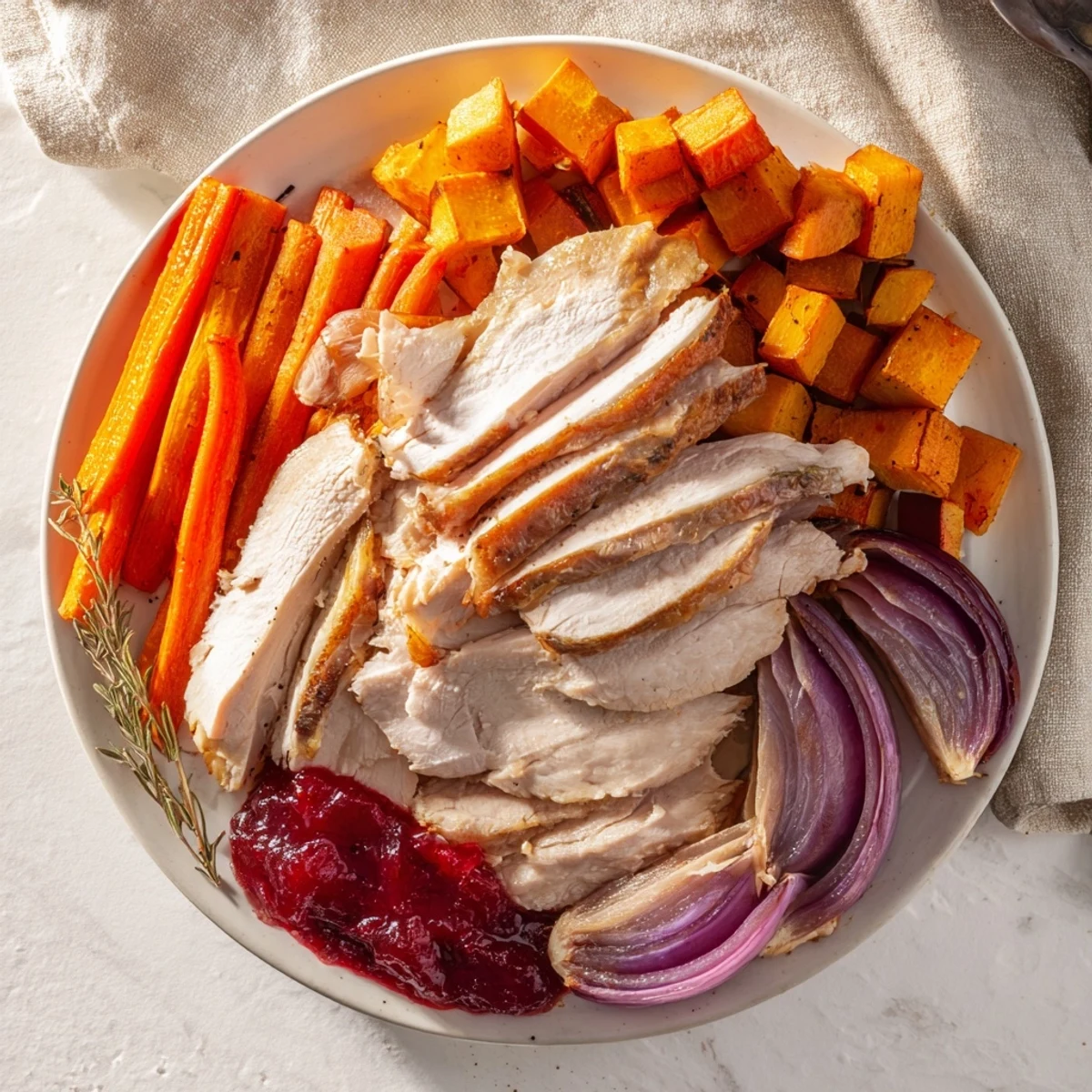 A visually inviting Harvest Turkey Platter: a beautifully roasted turkey breast alongside vibrant veggies for dinner.