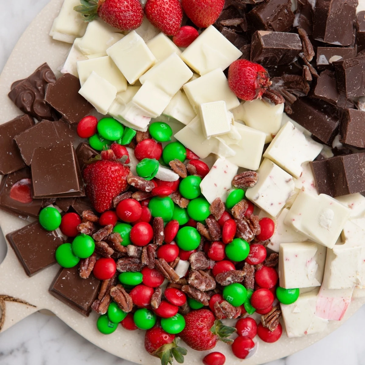Cozy Mitten Dessert Board boasts a festive array—chocolates, candies, and cookies, perfect for winter celebrations.