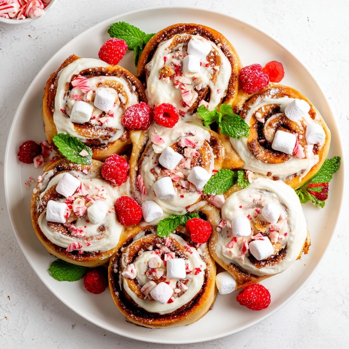 Fluffy North Pole Cinnamon Roll Board, piled with frosted rolls, marshmallows, and berries, ready to serve.