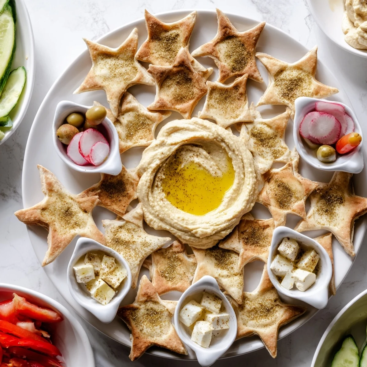 Freshly baked pita stars and colorful garnishes make this Three Kings Star Pita Board perfect for sharing this holiday season.