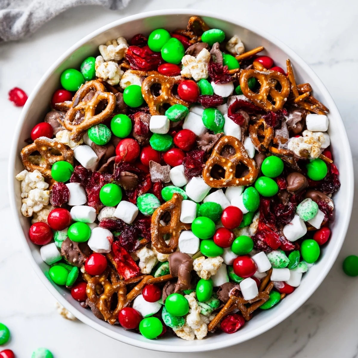 Festive Elf Snack Trail Mix Board overflowing with colorful candies, pretzels, and dried fruits; perfect snack.